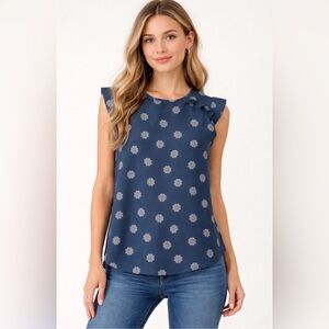 LOFT Size XS Flutter Sleeve Top - Blue with Medallions